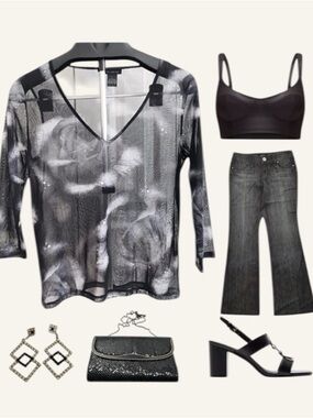 THE LIMITED Embellished Sheer Floral Top | Black Gray Rose Print | Sz Large